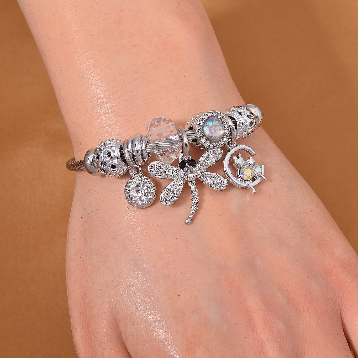 Multi Colour Ceramic Beads Enamelled Charms Dragonfly Adjustable Bracelet in Silver Tone