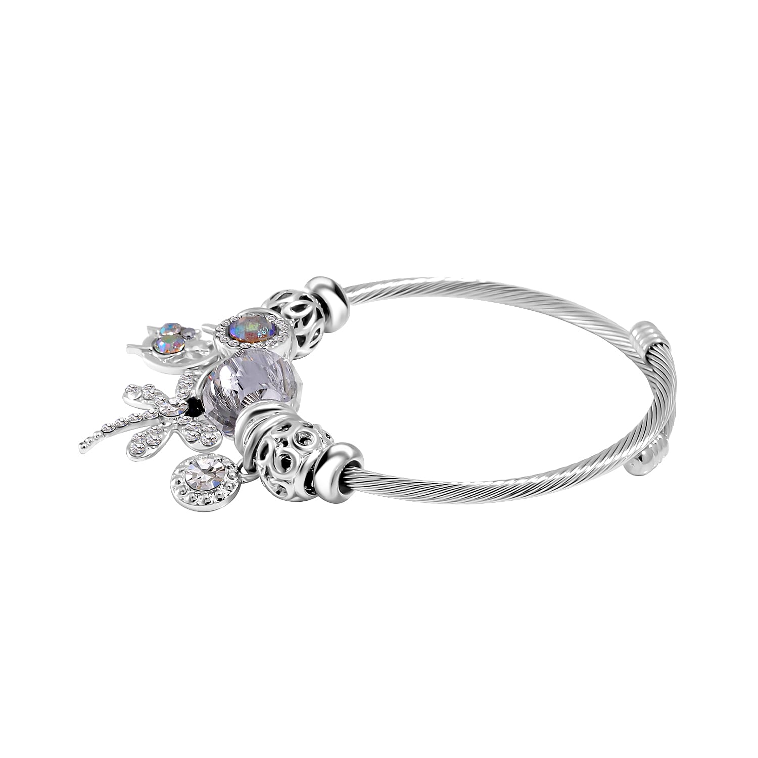 Multi Colour Ceramic Beads Enamelled Charms Dragonfly Adjustable Bracelet in Silver Tone