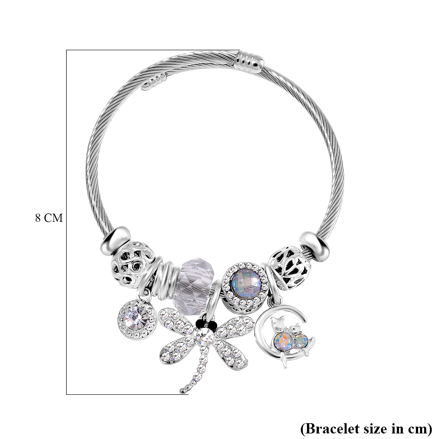 Multi Colour Ceramic Beads Enamelled Charms Dragonfly Adjustable Bracelet in Silver Tone