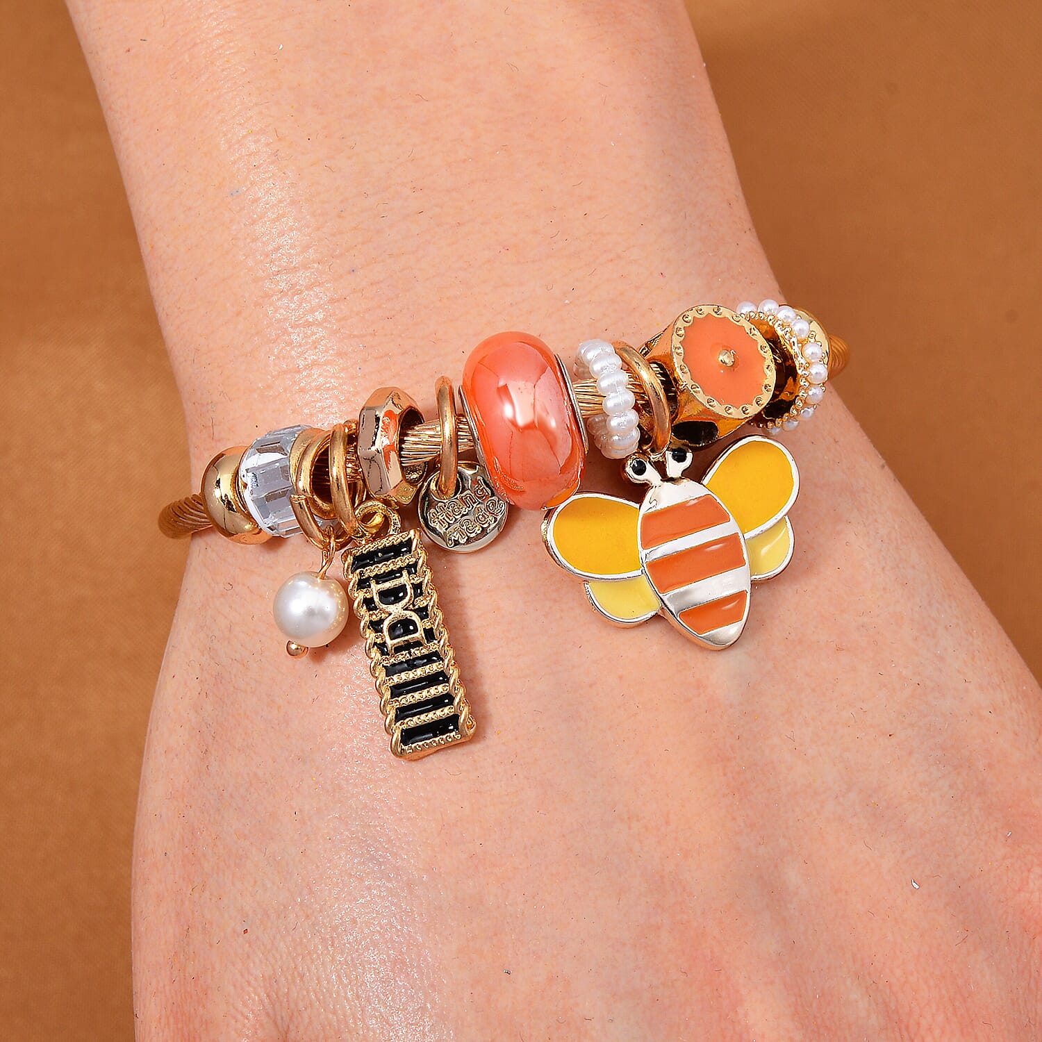 Ceramic Beads Enamelled Charms Bee Adjustable Bangle