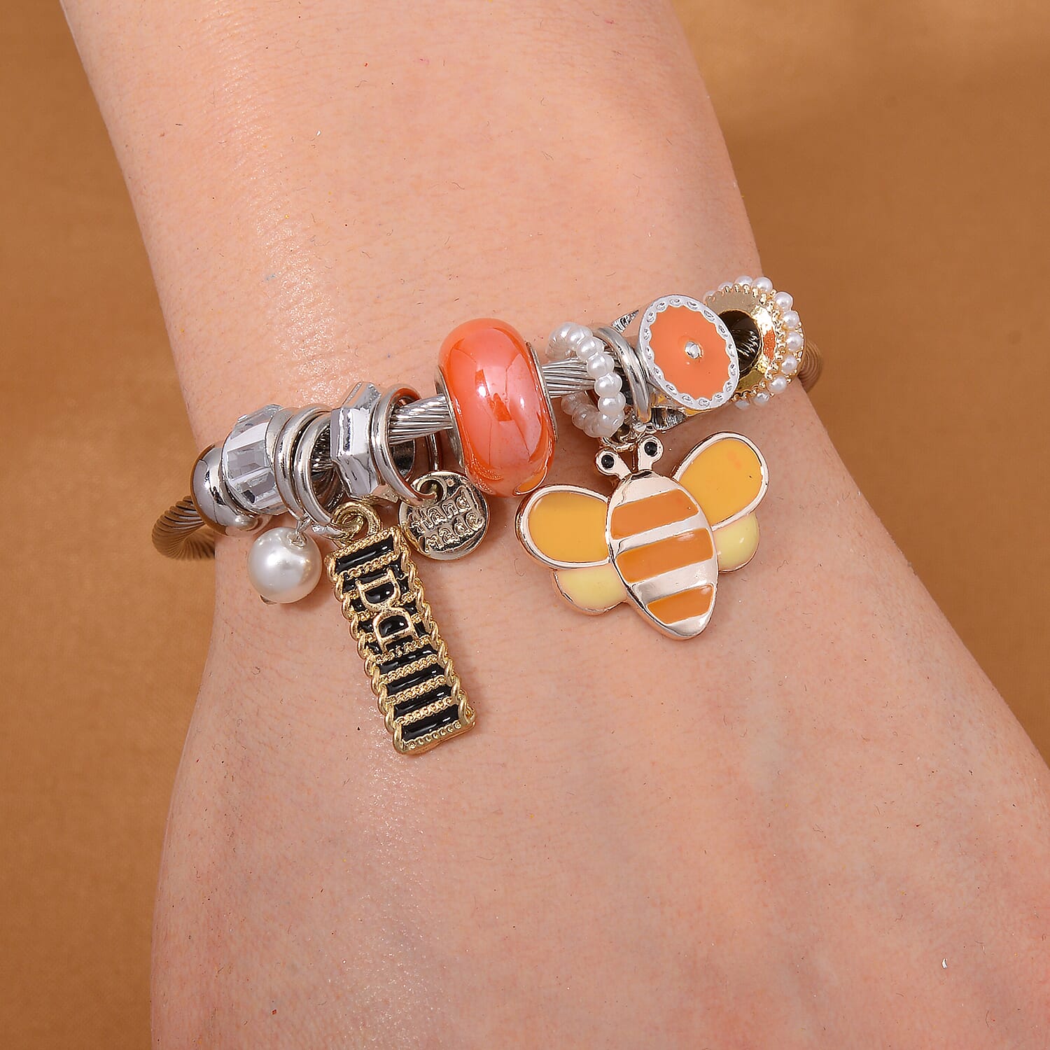 Ceramic Beads Enamelled Charms Bee Adjustable Bangle