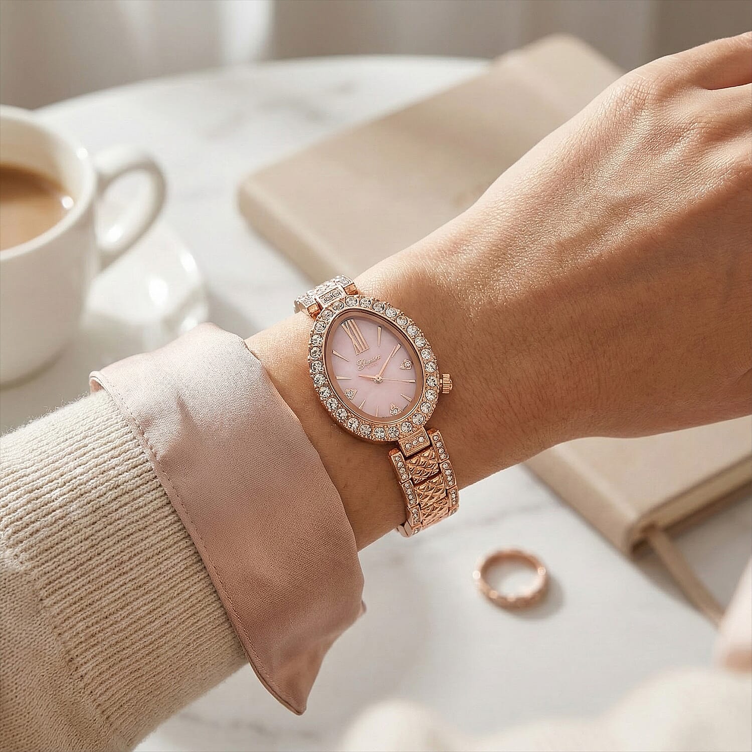 GENOA TIME V2 Miyota 2035 Japan Movement 3ATM Water Resistant White Crystal & Pink MOP Dial Watch with Rose Gold Colour Carving Strap