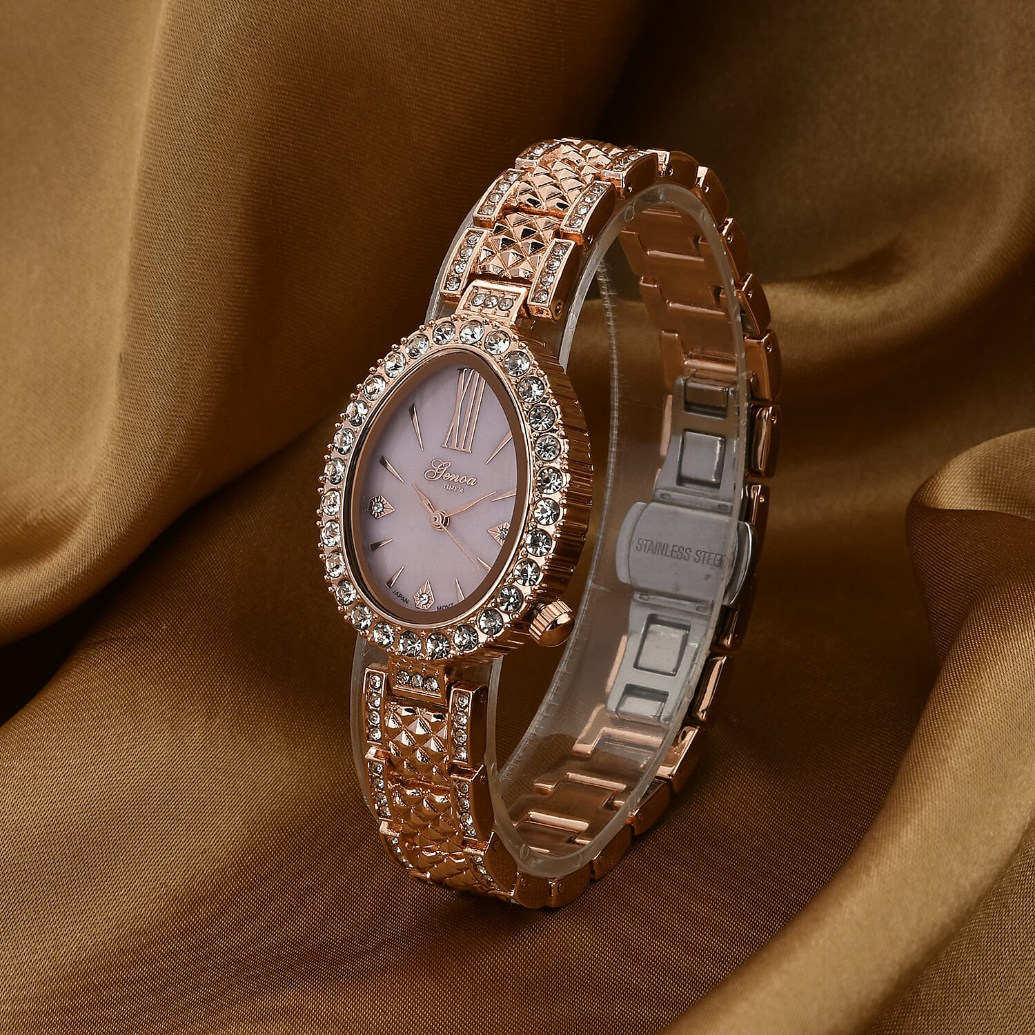 GENOA TIME V2 Miyota 2035 Japan Movement 3ATM Water Resistant White Crystal & Pink MOP Dial Watch with Rose Gold Colour Carving Strap