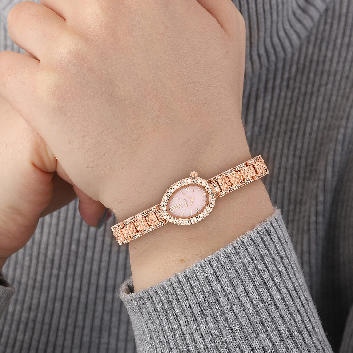 GENOA TIME V2 Miyota 2035 Japan Movement 3ATM Water Resistant White Crystal & Pink MOP Dial Watch with Rose Gold Colour Carving Strap