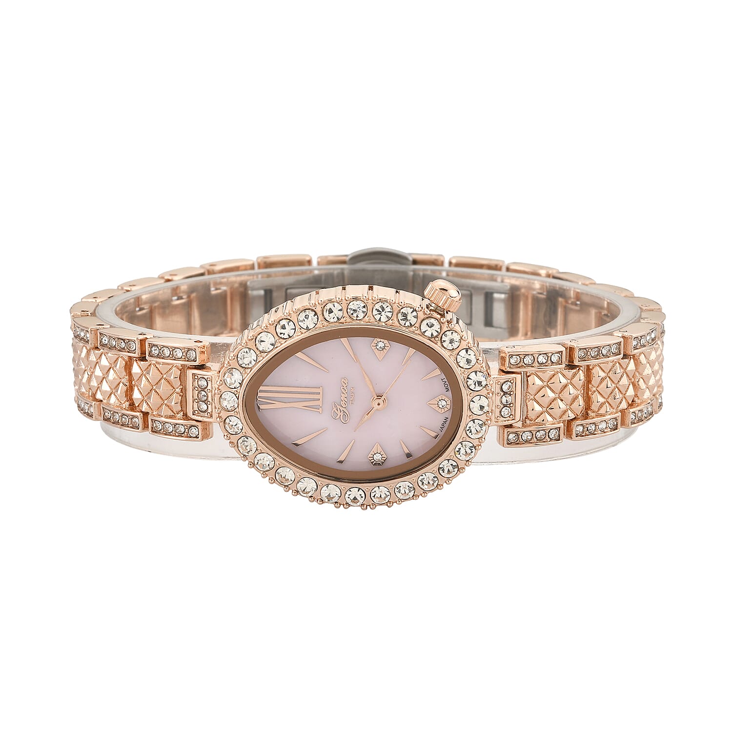 GENOA TIME V2 Miyota 2035 Japan Movement 3ATM Water Resistant White Crystal & Pink MOP Dial Watch with Rose Gold Colour Carving Strap