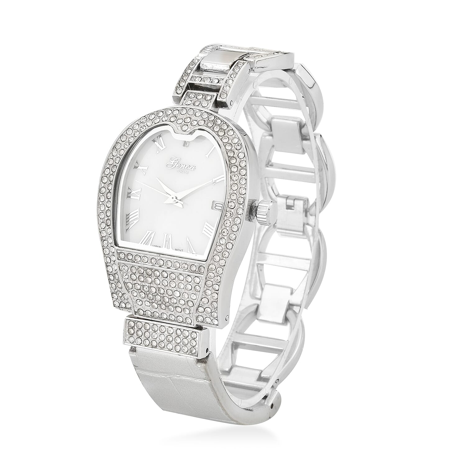 GENOA TIME V2 Seiko VJ32 with Date Japan Movement 3ATM Water Resistant White Crystal MOP Dial Watch with Silver Colour Leather & Alloy Strap