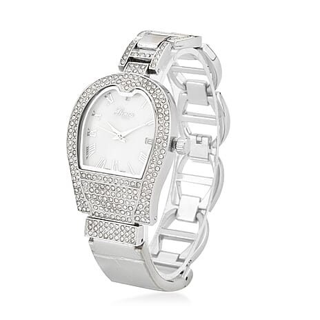 GENOA TIME V2 Seiko VJ32 with Date Japan Movement 3ATM Water Resistant White Crystal MOP Dial Watch with Silver Colour Leather & Alloy Strap