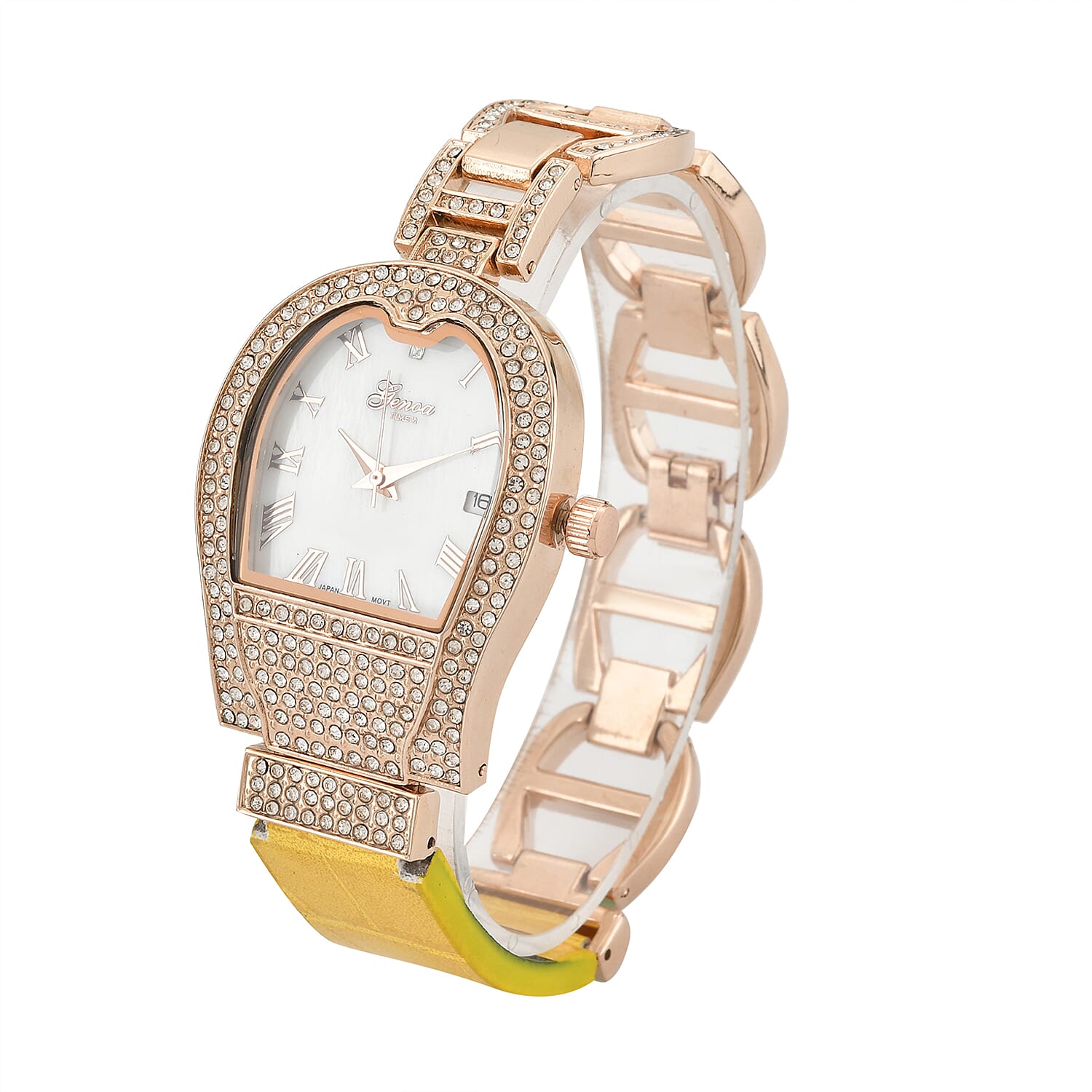 GENOA TIME V2 Seiko VJ32 with Date Japan Movement 3ATM Water Resistant White Crystal MOP Dial Watch with Yellow Leather & Alloy Strap