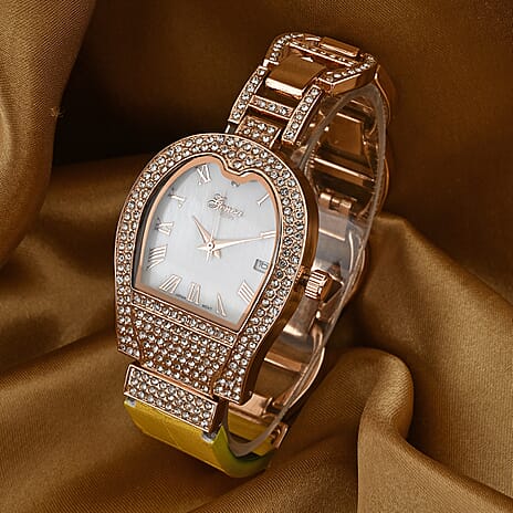 GENOA TIME V2 Seiko VJ32 with Date Japan Movement 3ATM Water Resistant White Crystal MOP Dial Watch with Yellow Leather & Alloy Strap