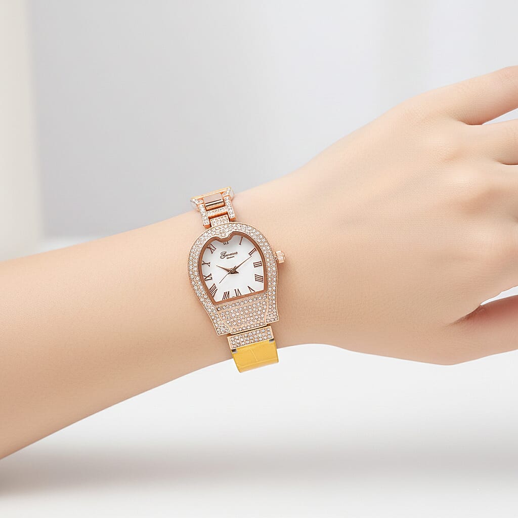 GENOA TIME V2 Seiko VJ32 with Date Japan Movement 3ATM Water Resistant White Crystal MOP Dial Watch with Yellow Leather & Alloy Strap