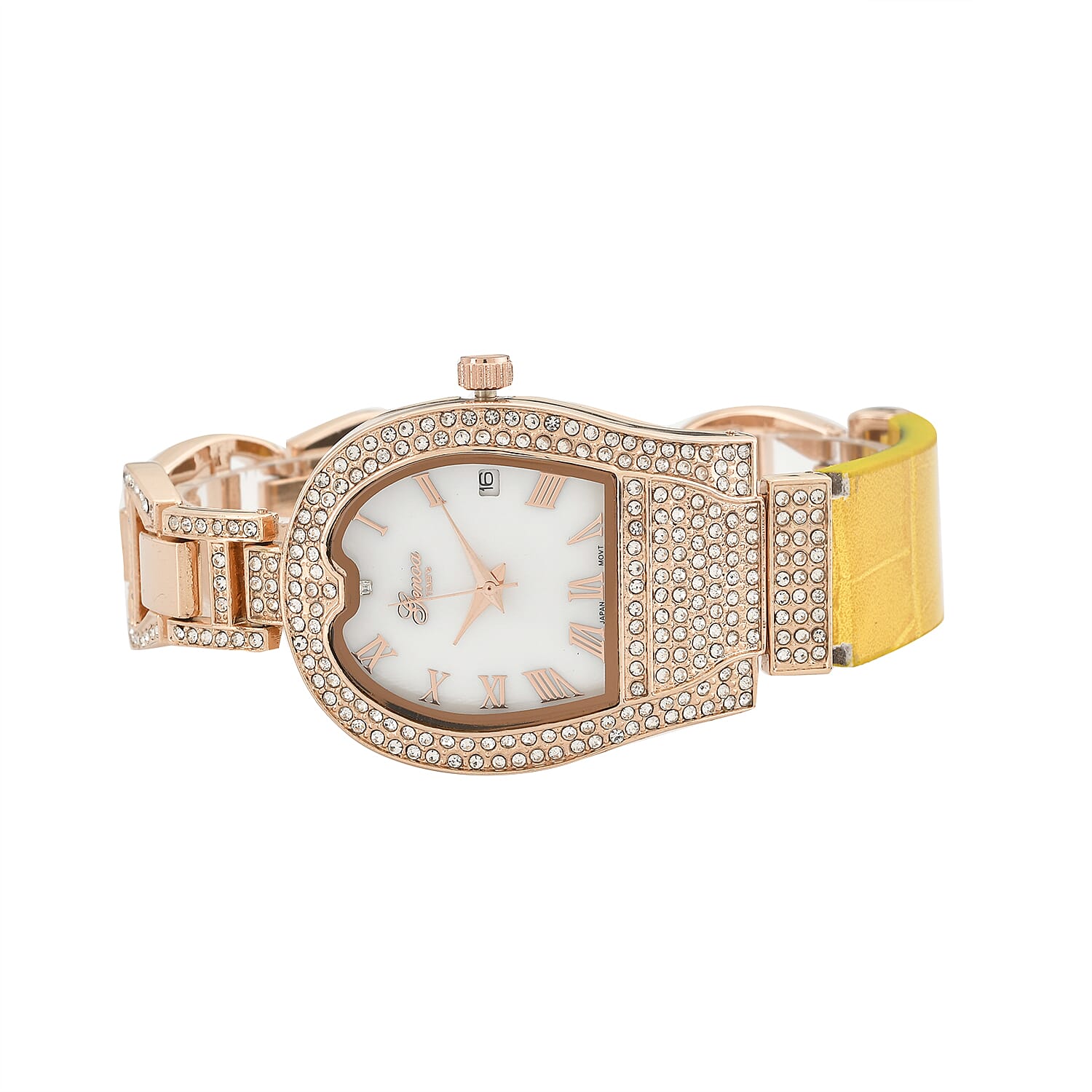 GENOA TIME V2 Seiko VJ32 with Date Japan Movement 3ATM Water Resistant White Crystal MOP Dial Watch with Yellow Leather & Alloy Strap