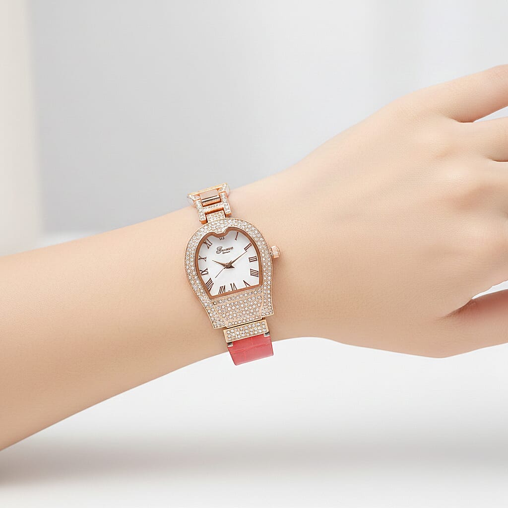 GENOA TIME V2 Seiko VJ32 with Date Japan Movement 3ATM Water Resistant White Crystal MOP Dial Watch with Red Colour Leather & Alloy Strap