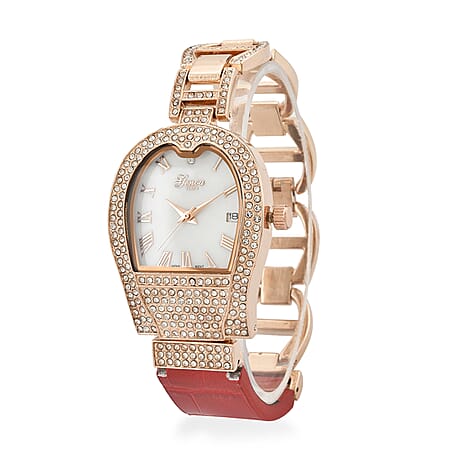 GENOA TIME V2 Seiko VJ32 with Date Japan Movement 3ATM Water Resistant White Crystal MOP Dial Watch with Red Colour Leather & Alloy Strap