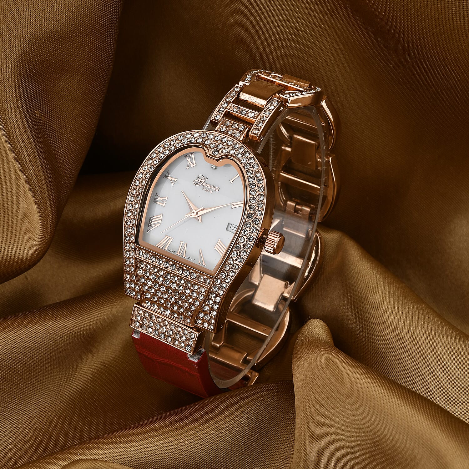 GENOA TIME V2 Seiko VJ32 with Date Japan Movement 3ATM Water Resistant White Crystal MOP Dial Watch with Red Colour Leather & Alloy Strap