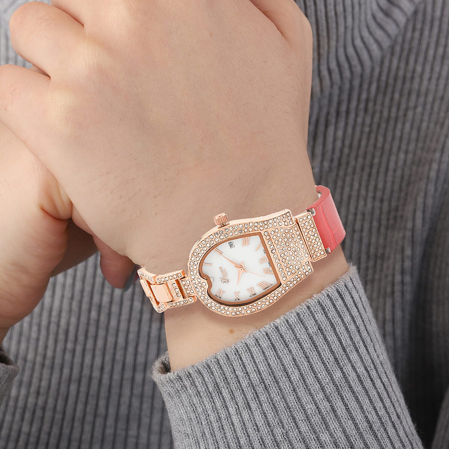 GENOA TIME V2 Seiko VJ32 with Date Japan Movement 3ATM Water Resistant White Crystal MOP Dial Watch with Red Colour Leather & Alloy Strap