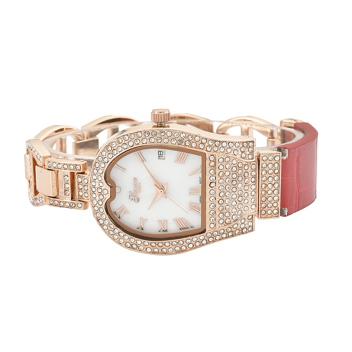 GENOA TIME V2 Seiko VJ32 with Date Japan Movement 3ATM Water Resistant White Crystal MOP Dial Watch with Red Colour Leather & Alloy Strap