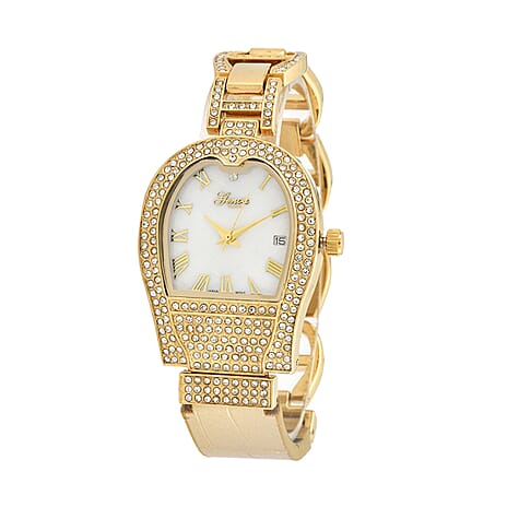 GENOA TIME V2 Seiko VJ32 with Date Japan Movement 3ATM Water Resistant White Crystal MOP Dial Watch with Gold Colour Leather & Alloy Strap