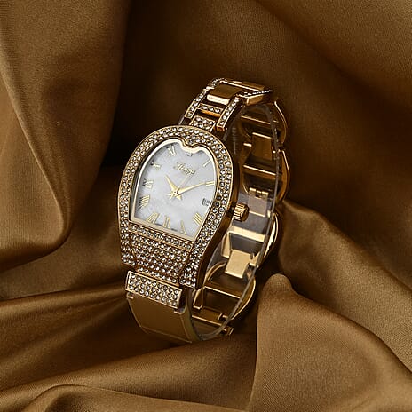 GENOA TIME V2 Seiko VJ32 with Date Japan Movement 3ATM Water Resistant White Crystal MOP Dial Watch with Gold Colour Leather & Alloy Strap