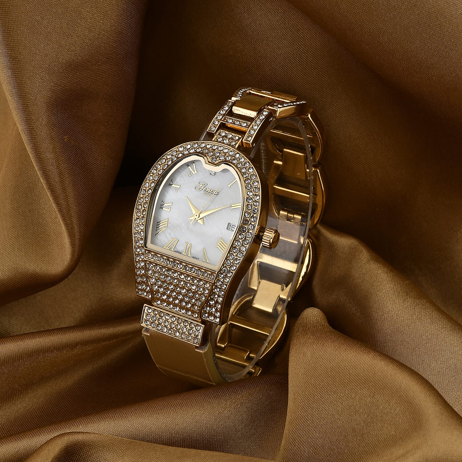 GENOA TIME V2 Seiko VJ32 with Date Japan Movement 3ATM Water Resistant White Crystal MOP Dial Watch with Gold Colour Leather & Alloy Strap