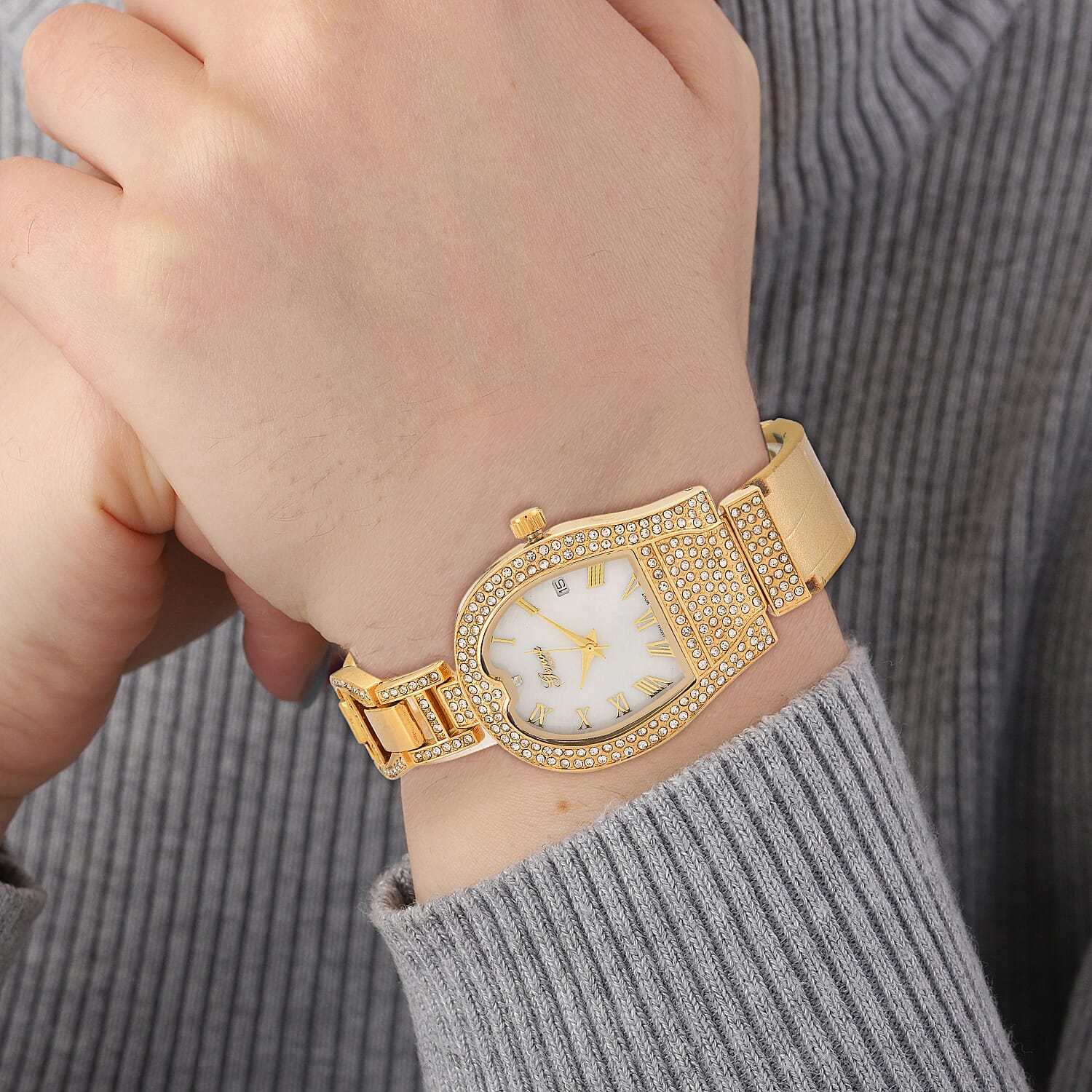 GENOA TIME V2 Seiko VJ32 with Date Japan Movement 3ATM Water Resistant White Crystal MOP Dial Watch with Gold Colour Leather & Alloy Strap