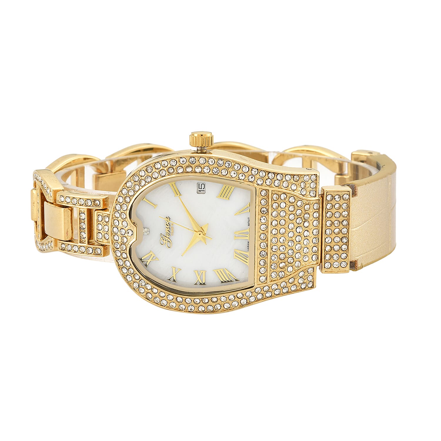 GENOA TIME V2 Seiko VJ32 with Date Japan Movement 3ATM Water Resistant White Crystal MOP Dial Watch with Gold Colour Leather & Alloy Strap