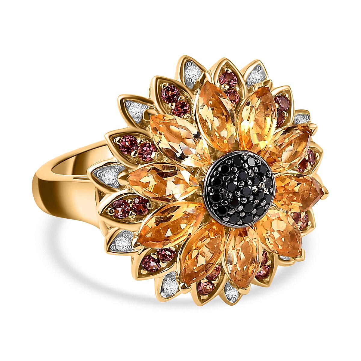 GP Black Spinel & Multi Gemstones Cluster Ring in 18K Vermeil Yellow Gold Plated Sterling Silver 3.50 Ct.
