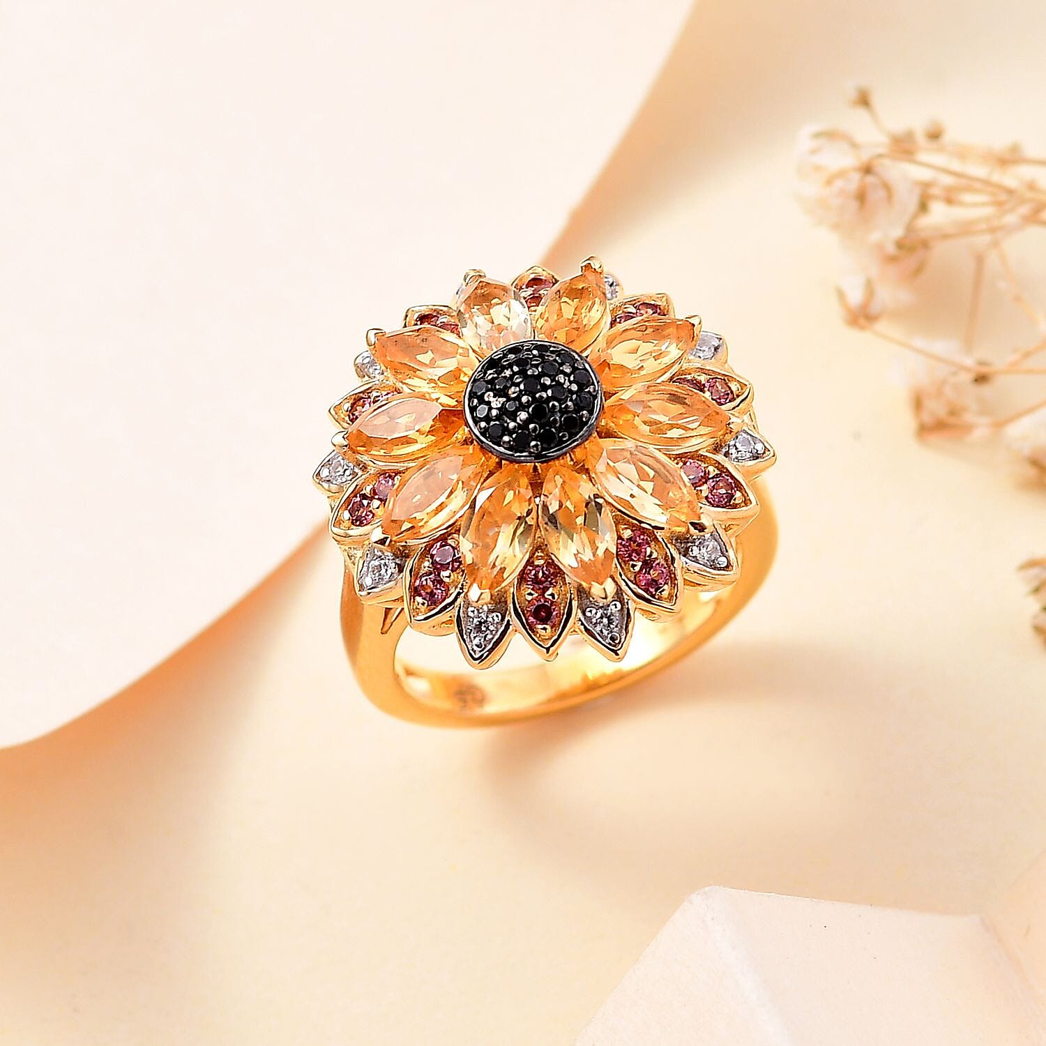 GP Black Spinel & Multi Gemstones Cluster Ring in 18K Vermeil Yellow Gold Plated Sterling Silver 3.50 Ct.