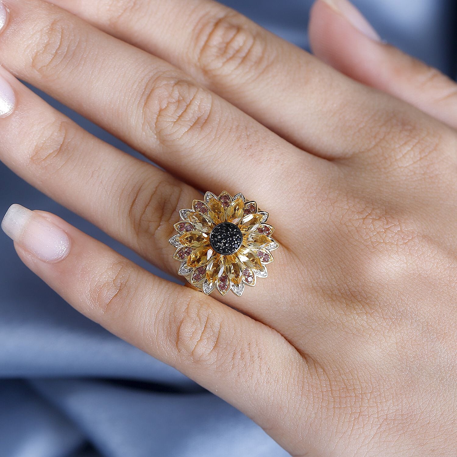 GP Black Spinel & Multi Gemstones Cluster Ring in 18K Vermeil Yellow Gold Plated Sterling Silver 3.50 Ct.