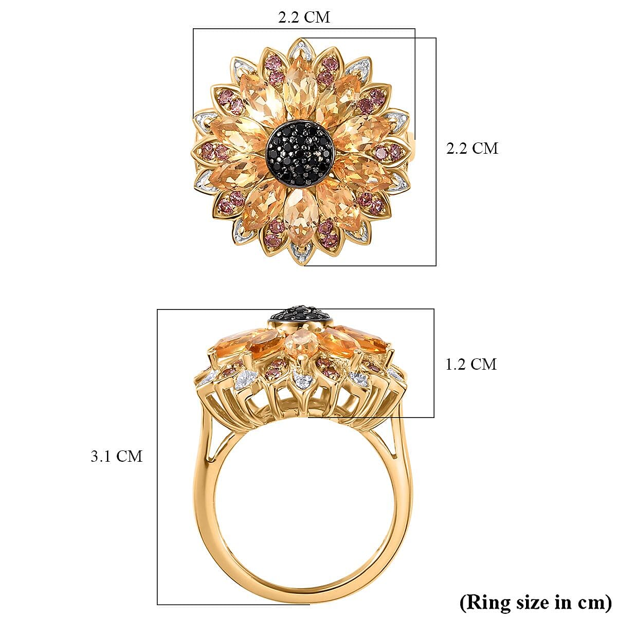 GP Black Spinel & Multi Gemstones Cluster Ring in 18K Vermeil Yellow Gold Plated Sterling Silver 3.50 Ct.