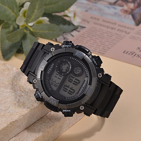 STRADA Electronic Movement 3ATM Water Resistant Multifunctional LED Dial Watch with Black Colour Strap