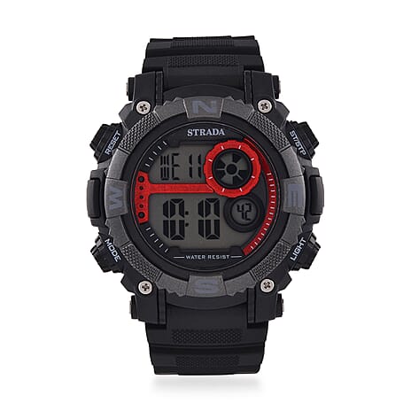 STRADA Electronic Movement 3ATM Water Resistant Red Multifunctional LED Dial Watch with Black Colour Strap