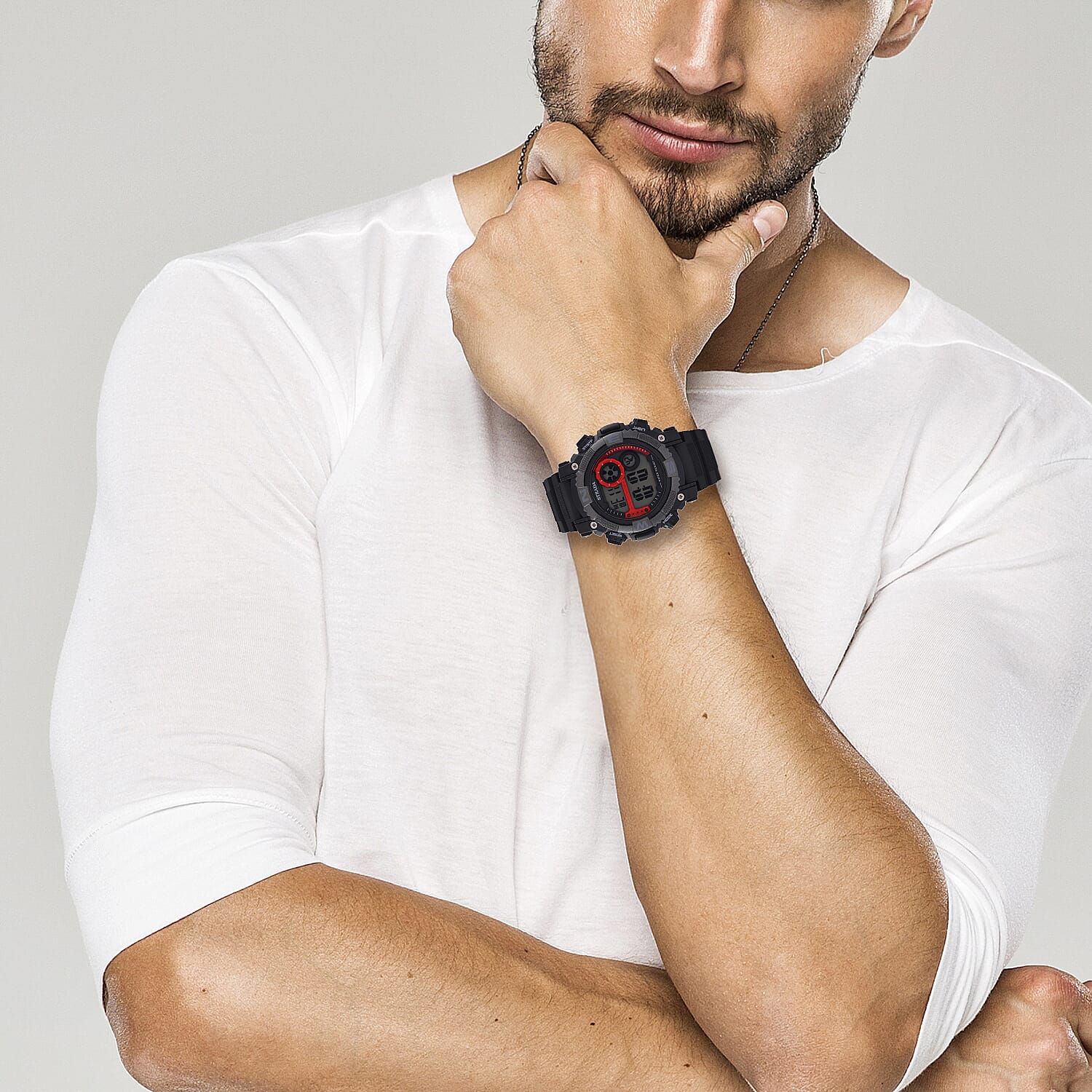 STRADA Electronic Movement 3ATM Water Resistant Red Multifunctional LED Dial Watch with Black Colour Strap