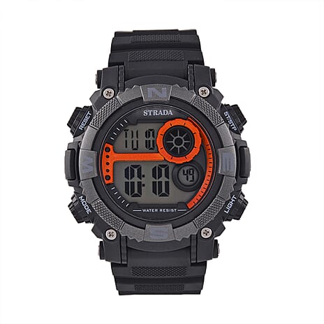 STRADA Electronic Movement 3ATM Water Resistant Orange Multifunctional LED Dial Watch with Black Colour Strap
