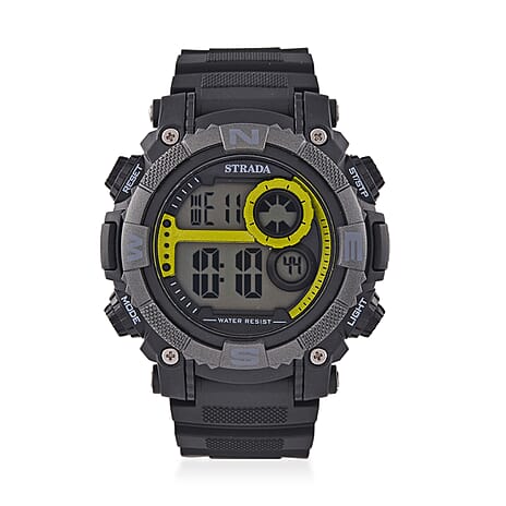 STRADA Electronic Movement 3ATM Water Resistant Green Multifunctional LED Dial Watch with Black Colour Strap