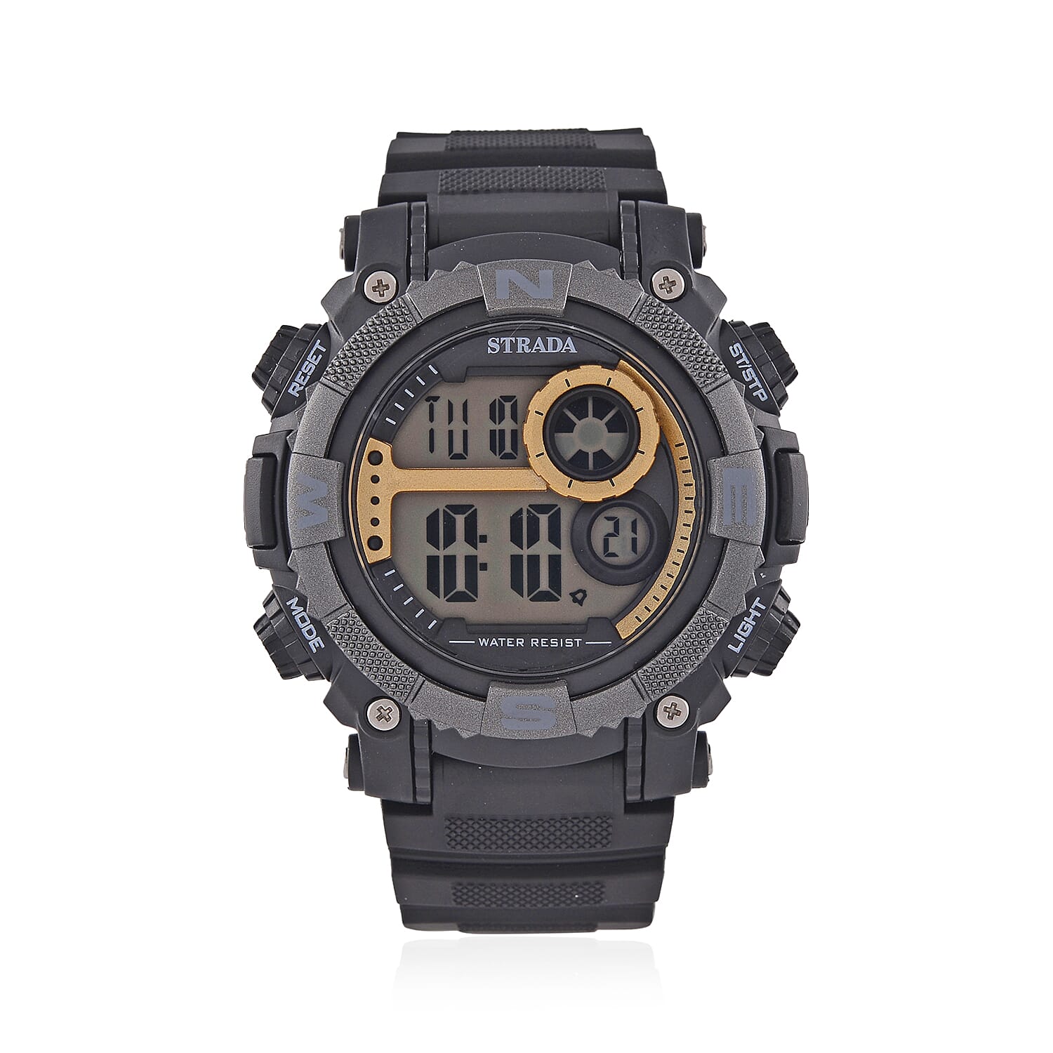 STRADA Electronic Movement 3ATM Water Resistant Gold Multifunctional LED Dial Watch with Black Colour TPU Strap