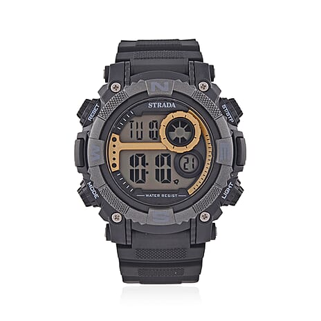 STRADA Electronic Movement 3ATM Water Resistant Gold Multifunctional LED Dial Watch with Black Colour TPU Strap