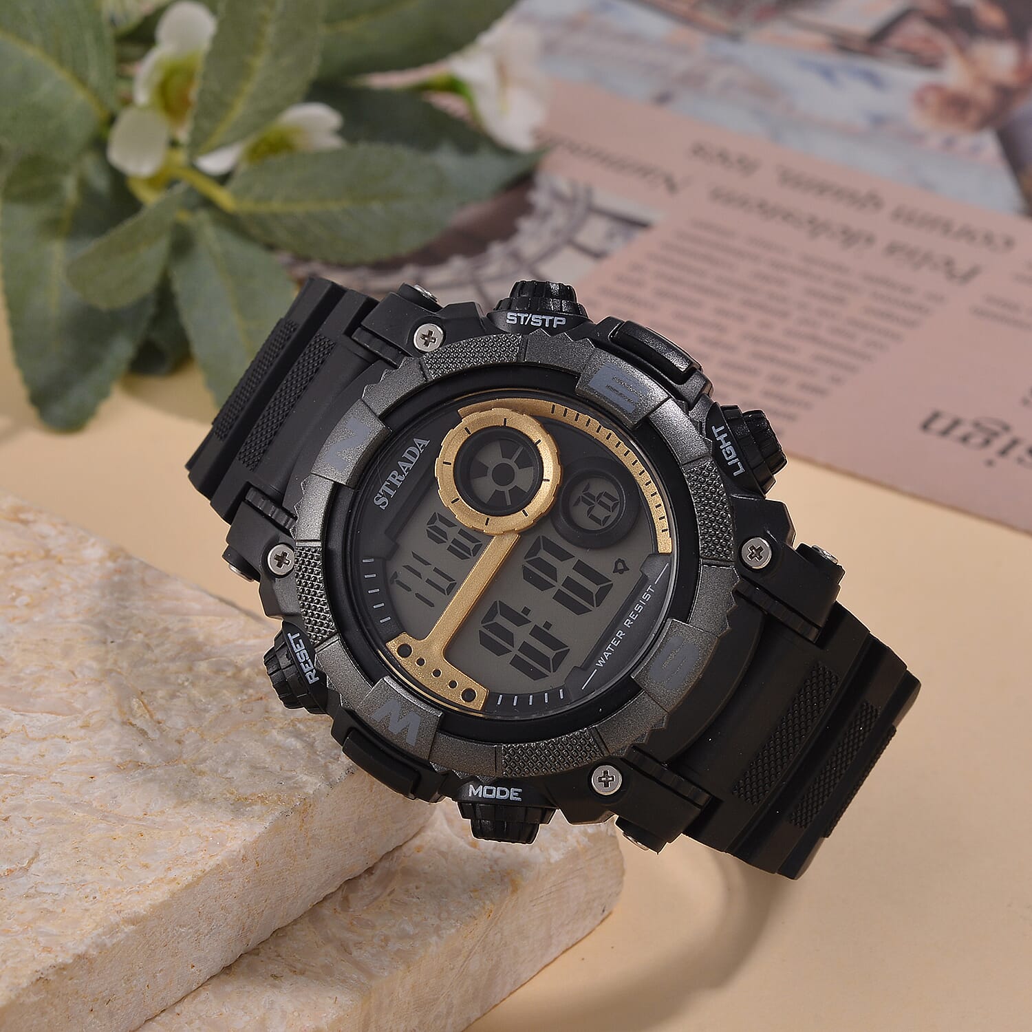 STRADA Electronic Movement 3ATM Water Resistant Gold Multifunctional LED Dial Watch with Black Colour TPU Strap