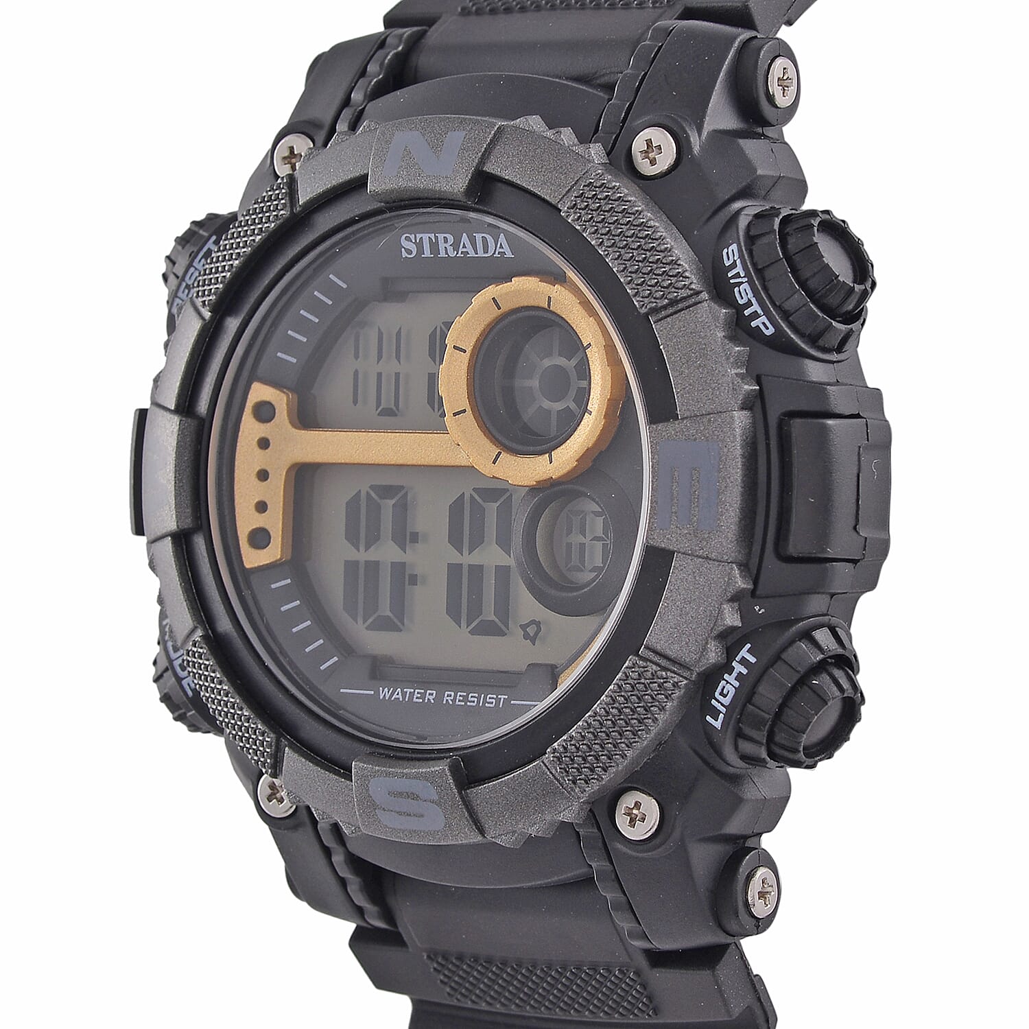 STRADA Electronic Movement 3ATM Water Resistant Gold Multifunctional LED Dial Watch with Black Colour TPU Strap