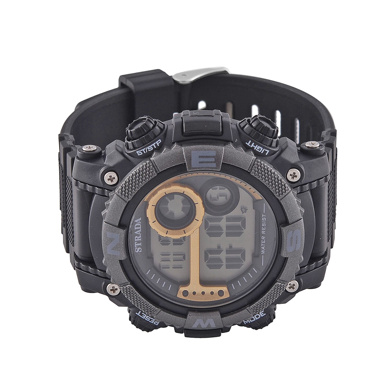 STRADA Electronic Movement 3ATM Water Resistant Gold Multifunctional LED Dial Watch with Black Colour TPU Strap
