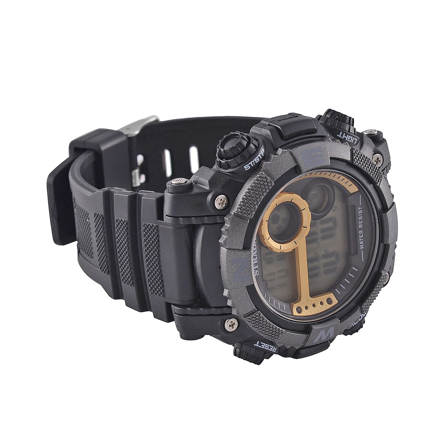 STRADA Electronic Movement 3ATM Water Resistant Gold Multifunctional LED Dial Watch with Black Colour TPU Strap
