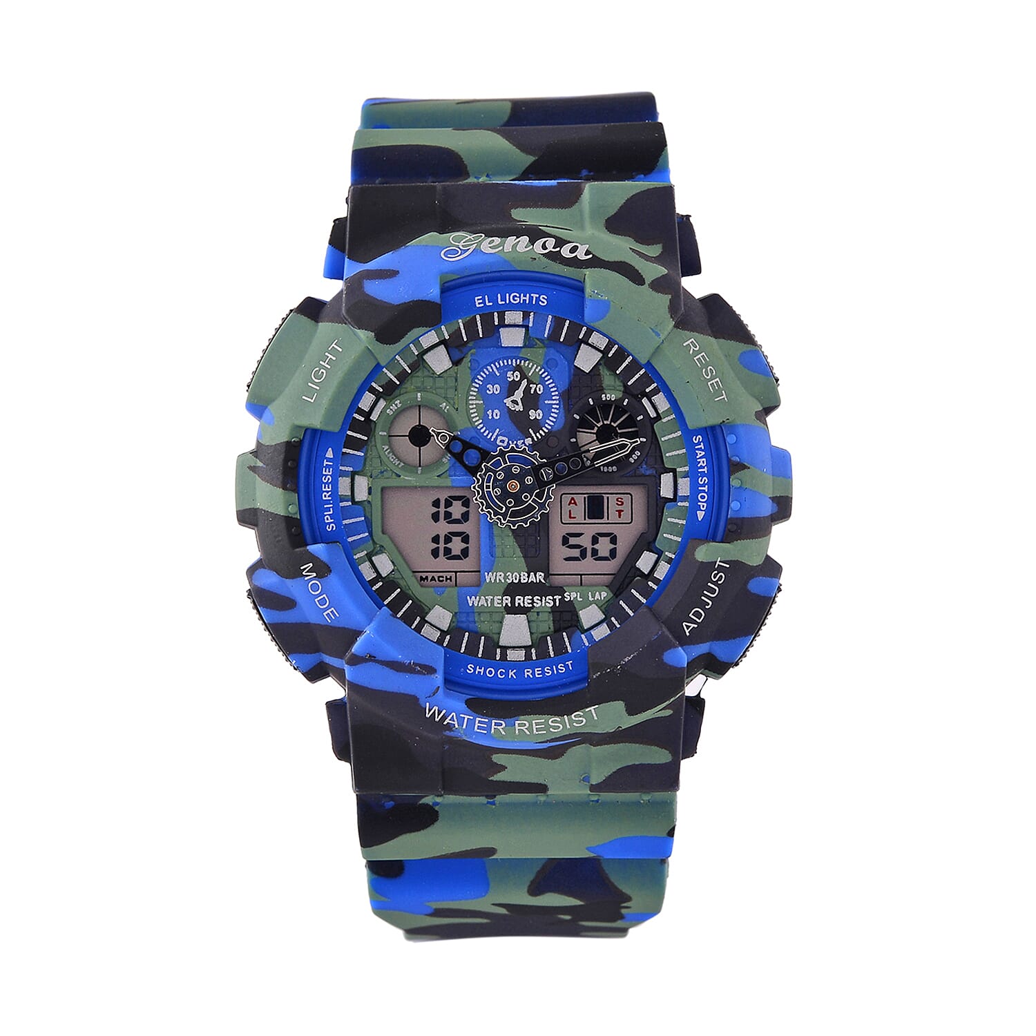 GENOA TIME V2 Double Electronic Movement 3ATM Water Resistant Camouflage Blue Multifunctional LED Dial Watch with TPU Strap