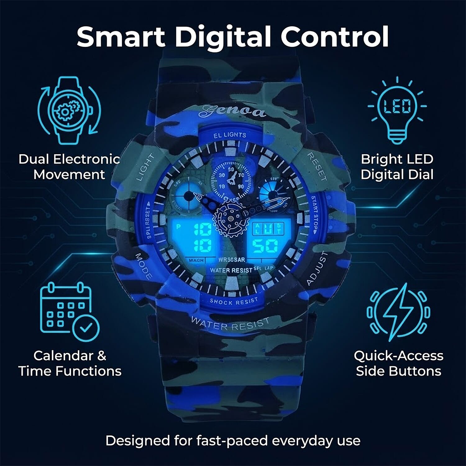 GENOA TIME V2 Double Electronic Movement 3ATM Water Resistant Camouflage Blue Multifunctional LED Dial Watch with TPU Strap