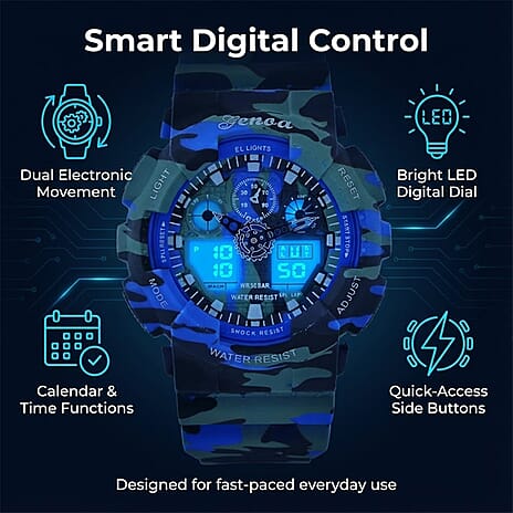 GENOA TIME V2 Double Electronic Movement 3ATM Water Resistant Camouflage Blue Multifunctional LED Dial Watch with TPU Strap