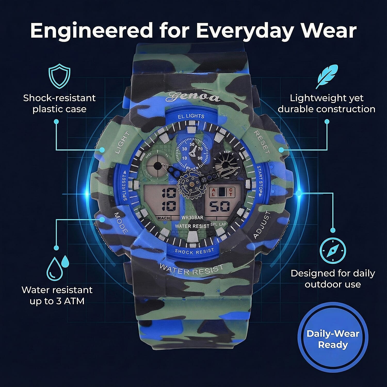 GENOA TIME V2 Double Electronic Movement 3ATM Water Resistant Camouflage Blue Multifunctional LED Dial Watch with TPU Strap