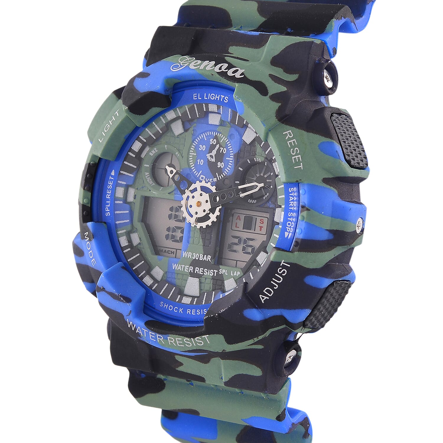 GENOA TIME V2 Double Electronic Movement 3ATM Water Resistant Camouflage Blue Multifunctional LED Dial Watch with TPU Strap