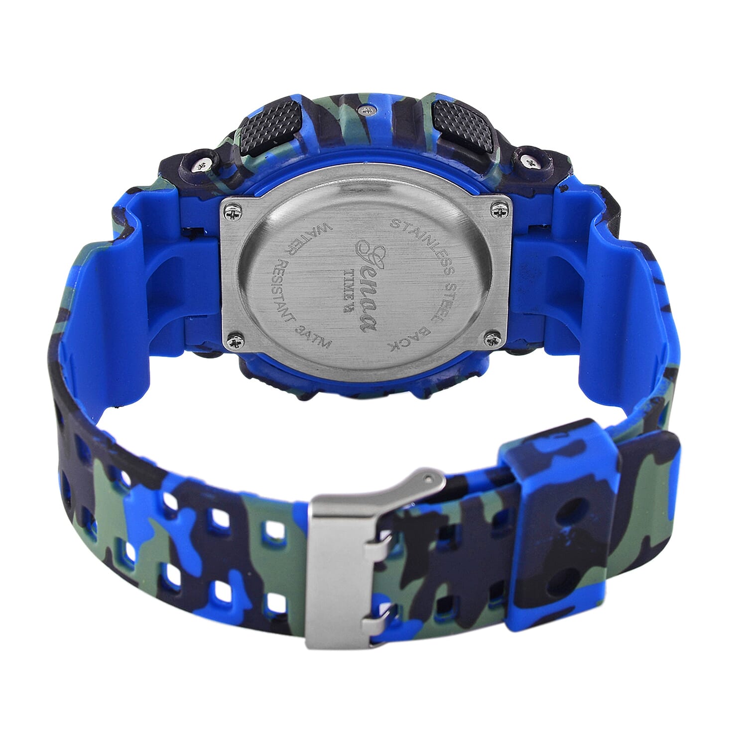 GENOA TIME V2 Double Electronic Movement 3ATM Water Resistant Camouflage Blue Multifunctional LED Dial Watch with TPU Strap