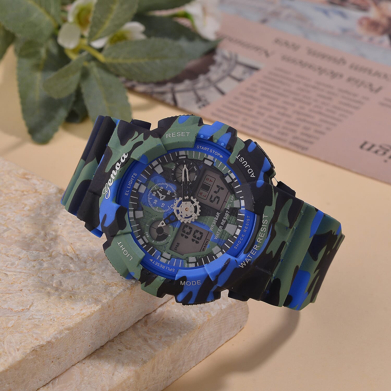 GENOA TIME V2 Double Electronic Movement 3ATM Water Resistant Camouflage Blue Multifunctional LED Dial Watch with TPU Strap