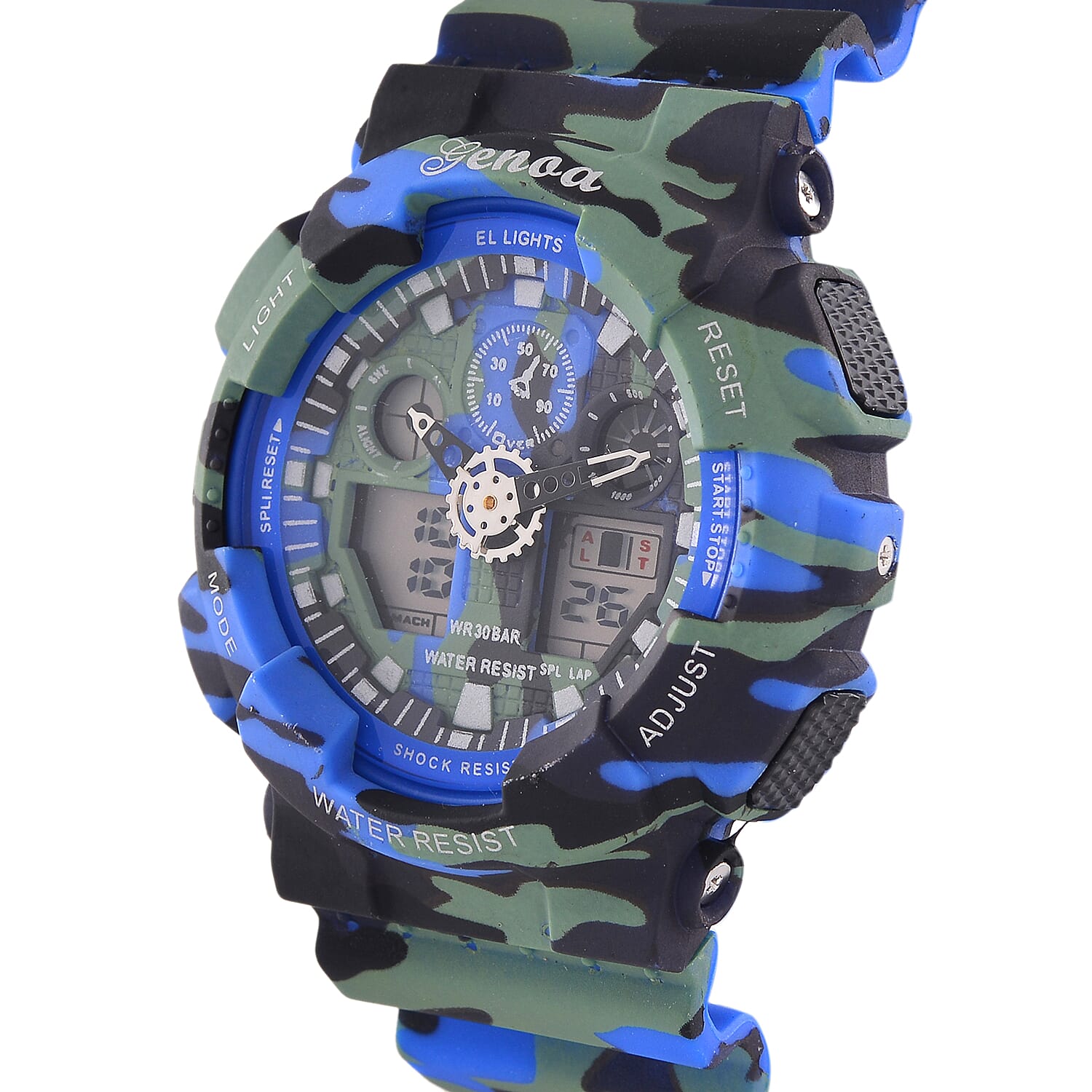 GENOA TIME V2 Double Electronic Movement 3ATM Water Resistant Camouflage Blue Multifunctional LED Dial Watch with TPU Strap