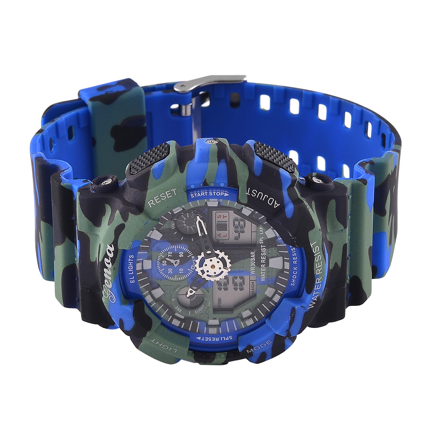 GENOA TIME V2 Double Electronic Movement 3ATM Water Resistant Camouflage Blue Multifunctional LED Dial Watch with TPU Strap