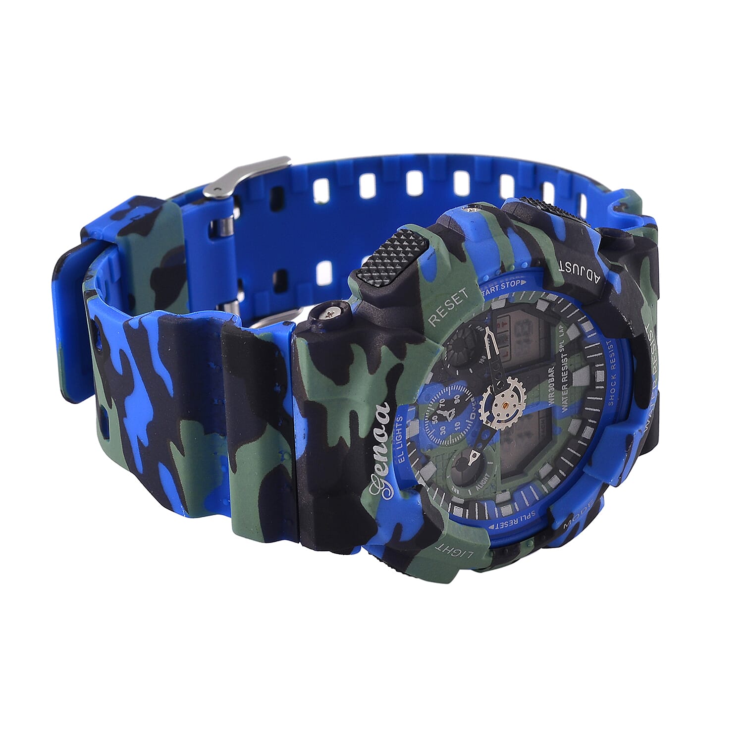 GENOA TIME V2 Double Electronic Movement 3ATM Water Resistant Camouflage Blue Multifunctional LED Dial Watch with TPU Strap